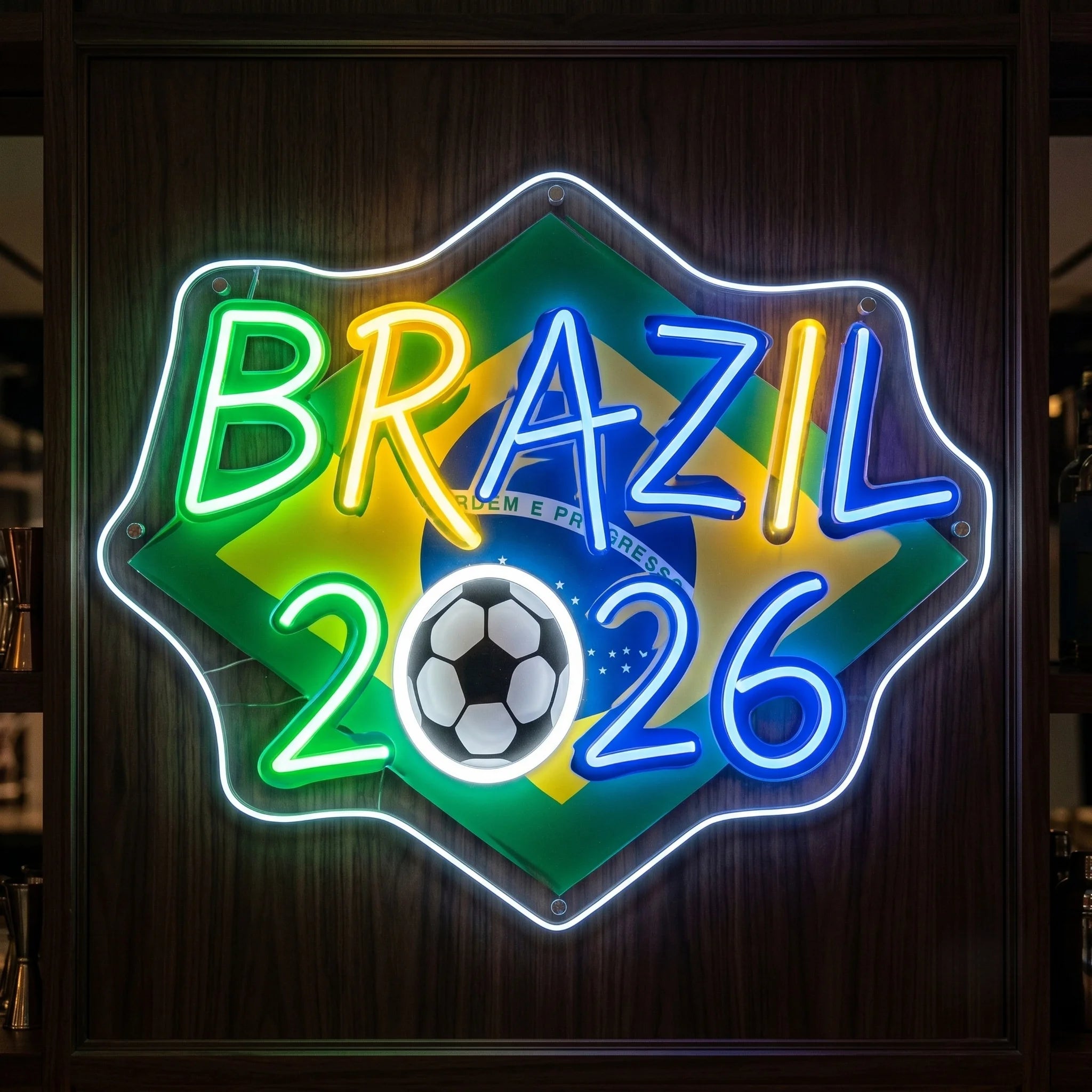 Brazil 2026 LED neon sign featuring Brazilian flag artwork soccer ball graphic and colourful neon illumination