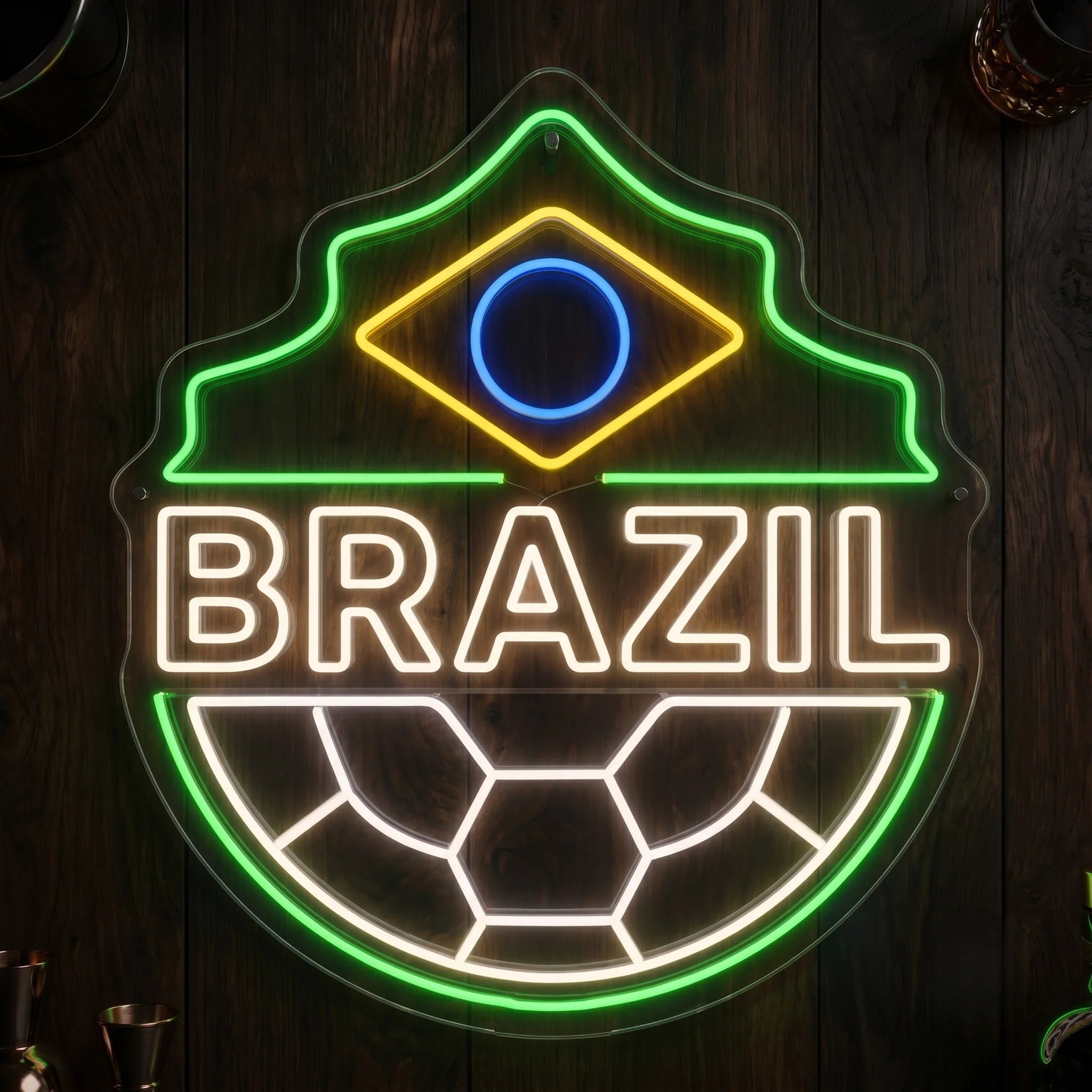 Brazil LED neon sign with football crest design, soccer ball and flag-inspired colours