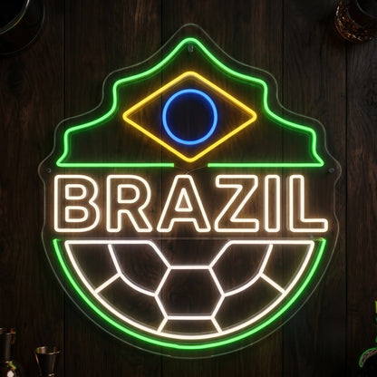 Brazil LED neon sign with football crest design, soccer ball and flag-inspired colours
