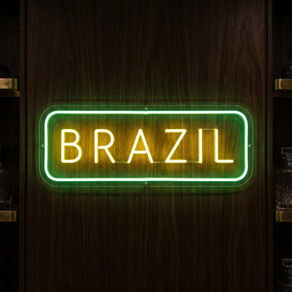 Brazil LED neon sign featuring yellow lettering with green illuminated rectangular border