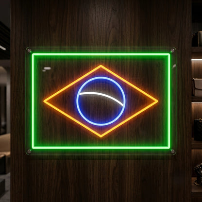 Brazil LED neon sign featuring flag-inspired design with green yellow blue and white illumination