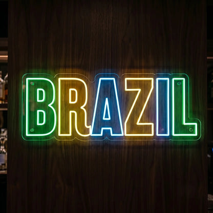 Brazil LED neon sign featuring multicolour lettering in green yellow blue and white