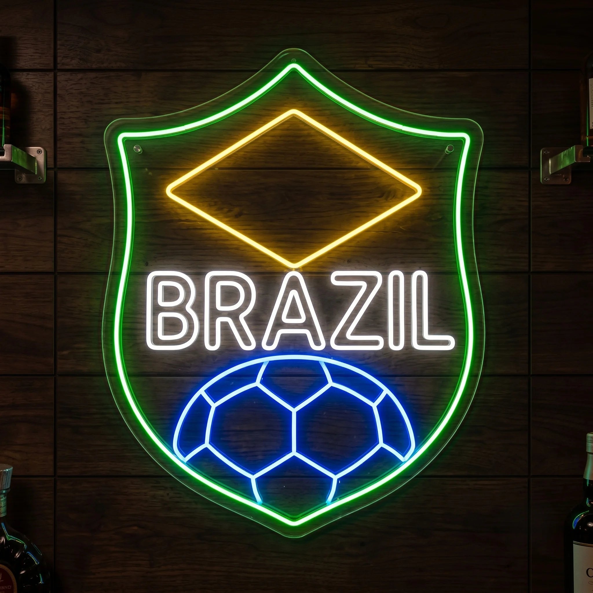 Brazil LED neon sign featuring shield football design with soccer ball graphic and national colours