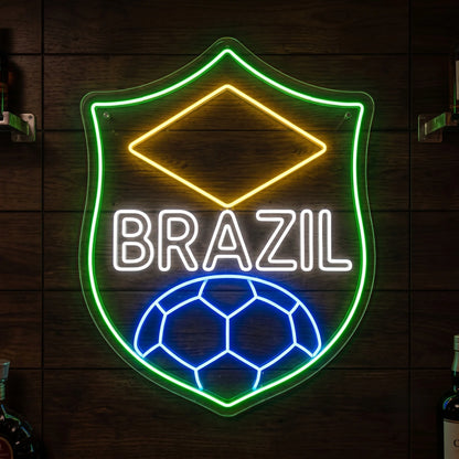 Brazil LED neon sign featuring shield football design with soccer ball graphic and national colours