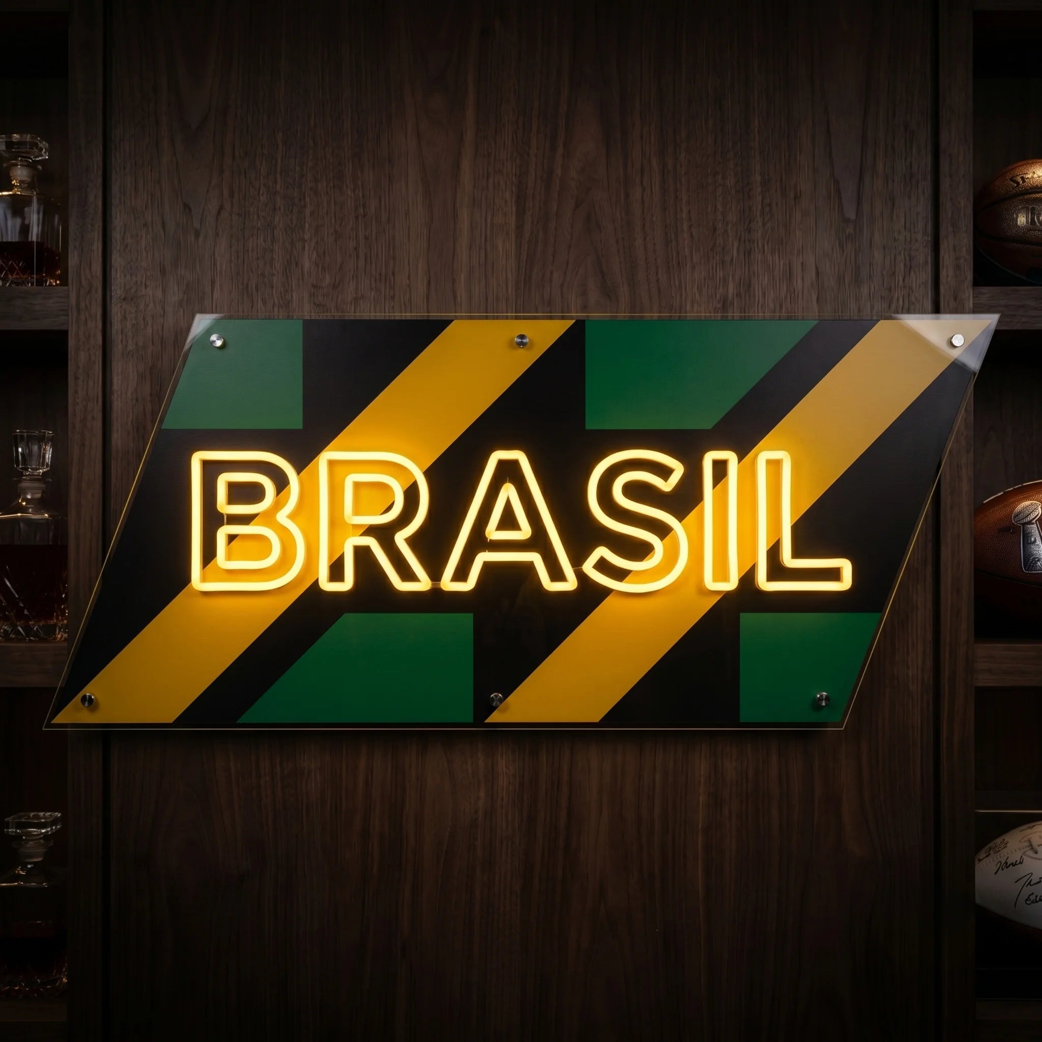 Brazil LED neon sign featuring modern stripe design with golden neon lettering and national colours