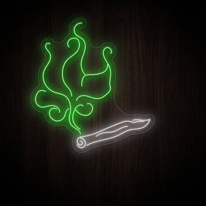 Burning joint LED neon sign with a white rolled joint, green flame-shaped smoke, and clear acrylic backing for recreational wall décor.