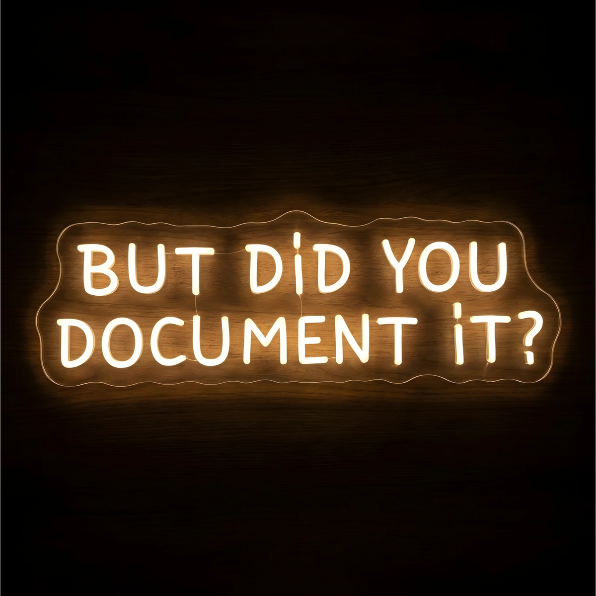 “But Did You Document It?” LED Neon Sign glowing in warm white uppercase letters across two lines on clear acrylic against a dark wood background, suited to offices and home workspaces.
