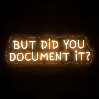 “But Did You Document It?” LED Neon Sign glowing in warm white uppercase letters across two lines on clear acrylic against a dark wood background, suited to offices and home workspaces.