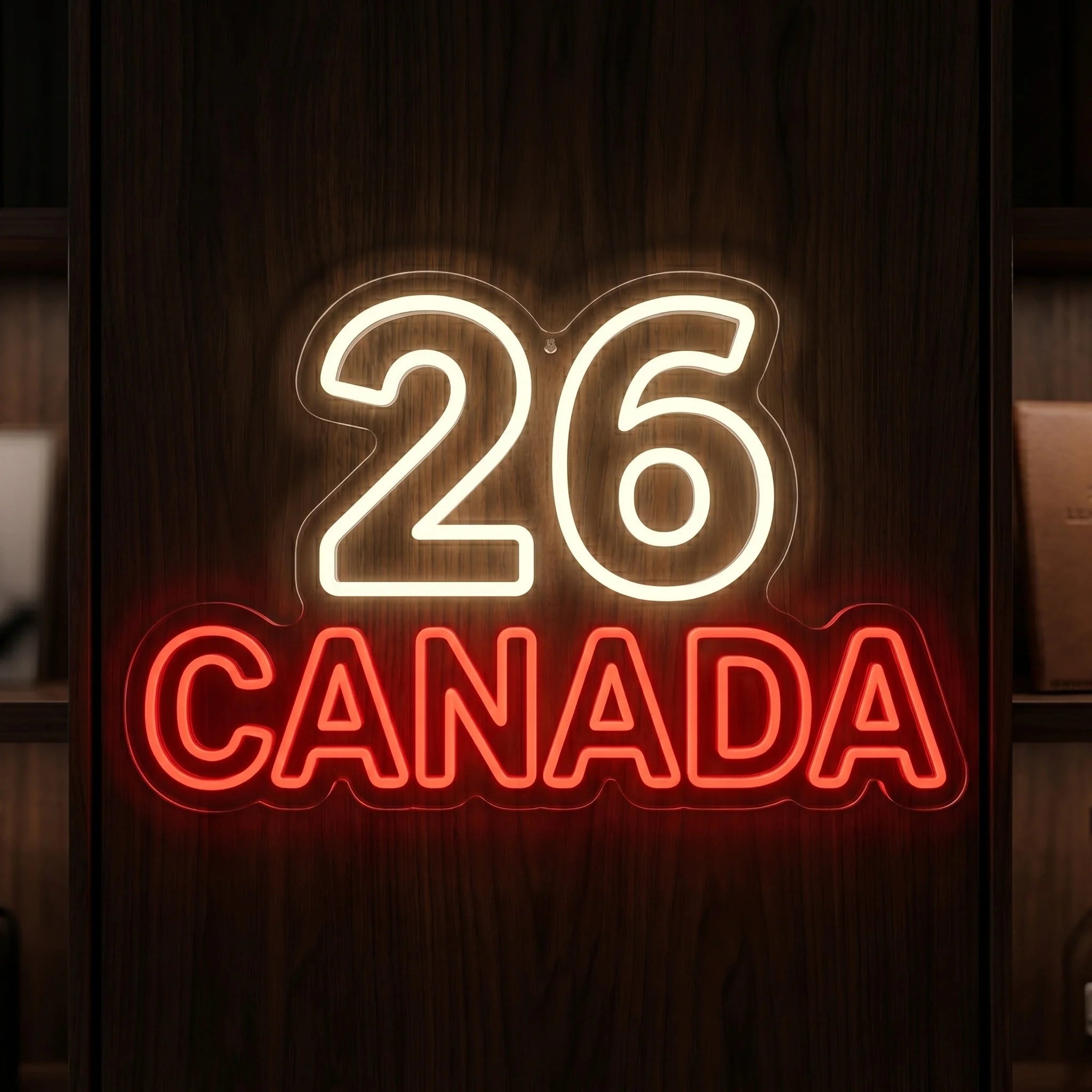 Canada 26 LED neon sign featuring red Canada lettering and cool white 26 design