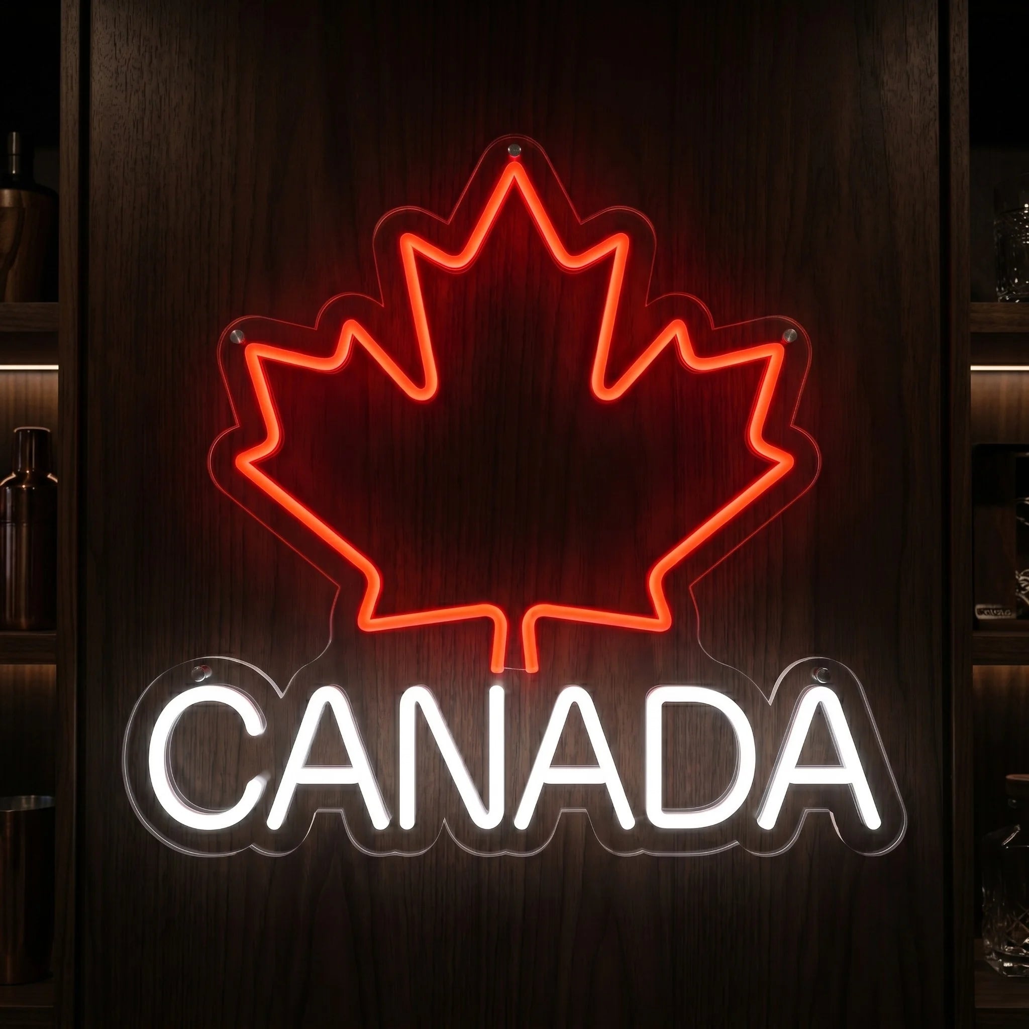 Canada LED neon sign featuring maple leaf design with red and cool white illumination
