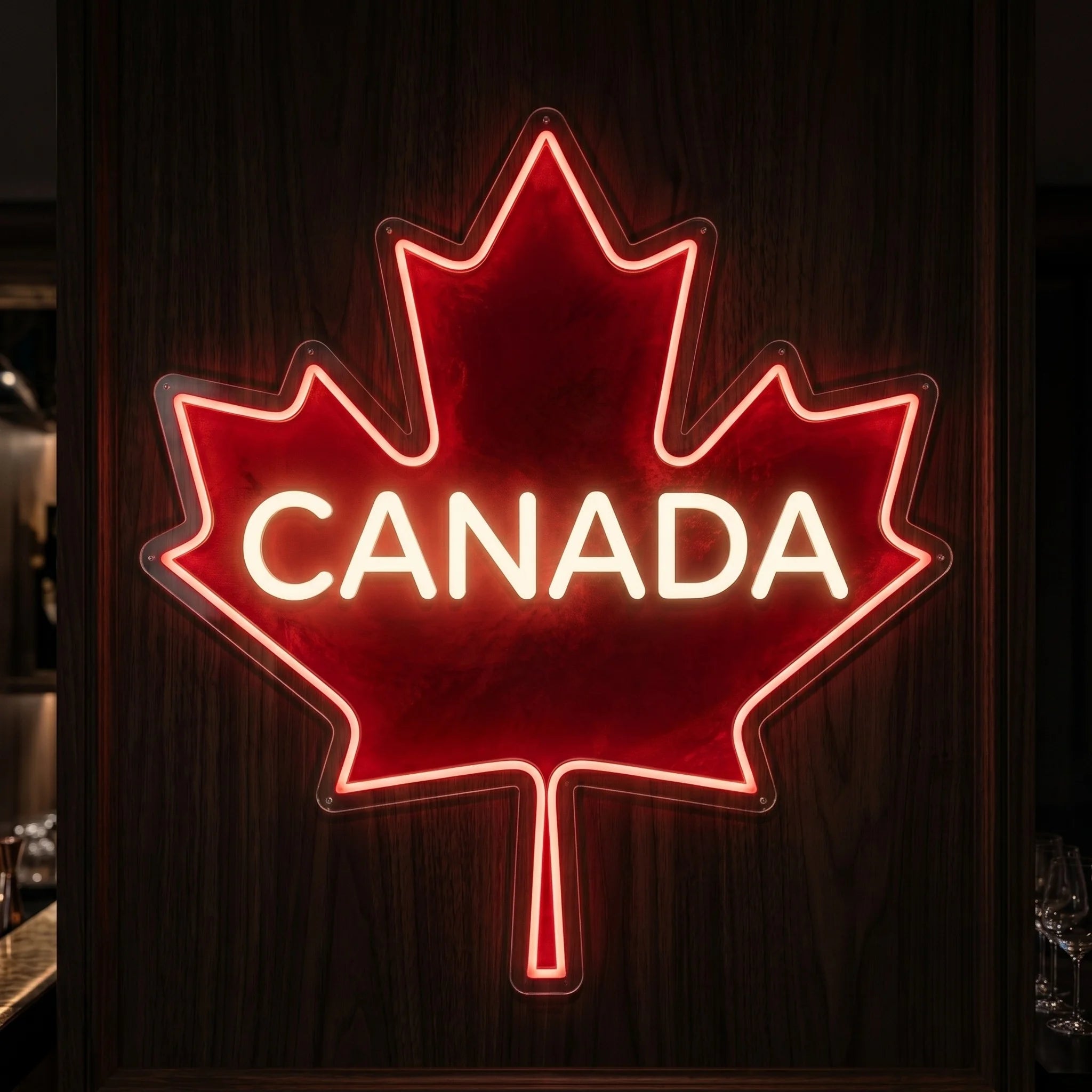 Canada LED neon sign featuring illuminated maple leaf design with red and cool white lighting.