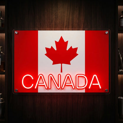 Canada LED neon sign featuring Canadian flag artwork with illuminated Canada lettering