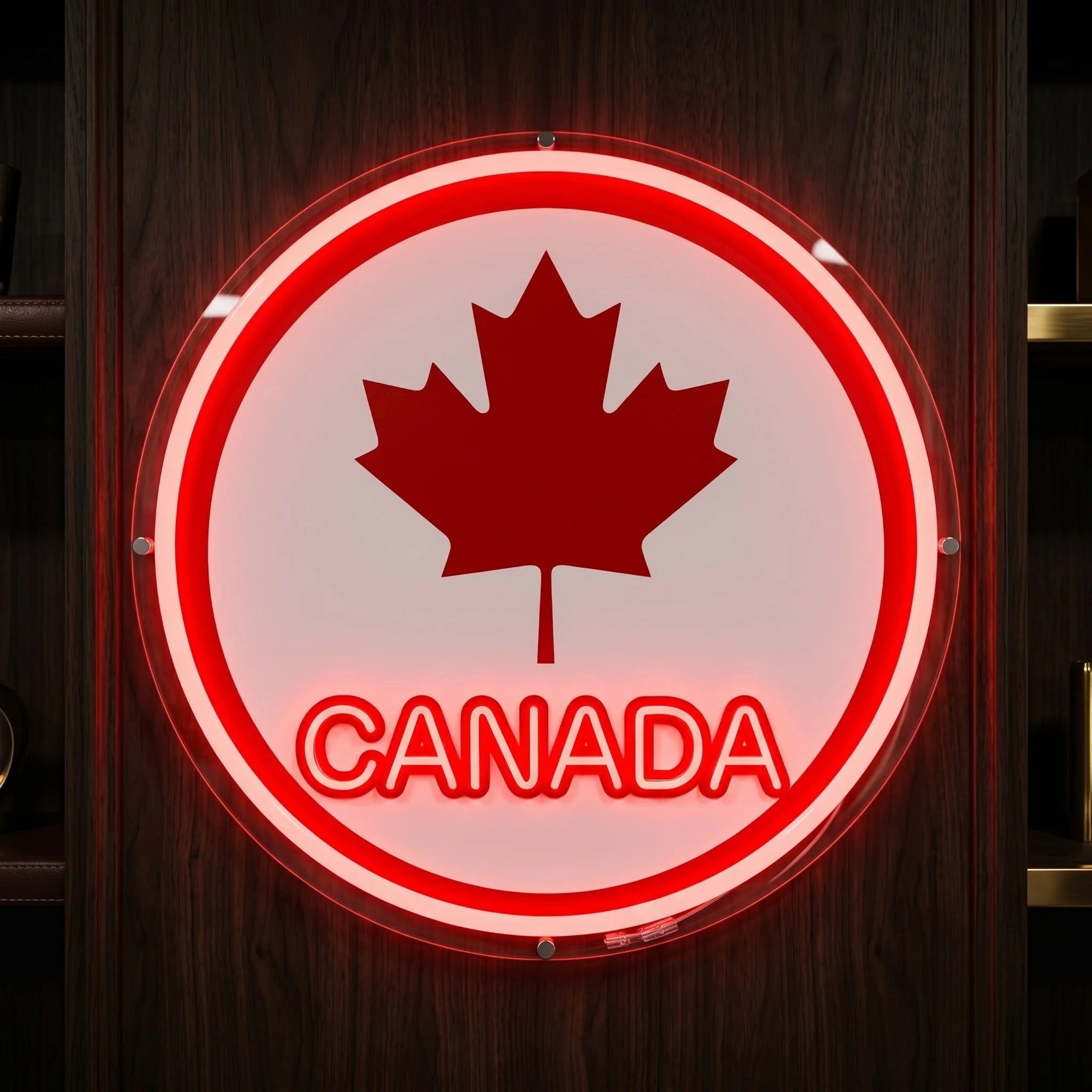 Canada LED neon sign featuring maple leaf badge design with illuminated Canada lettering