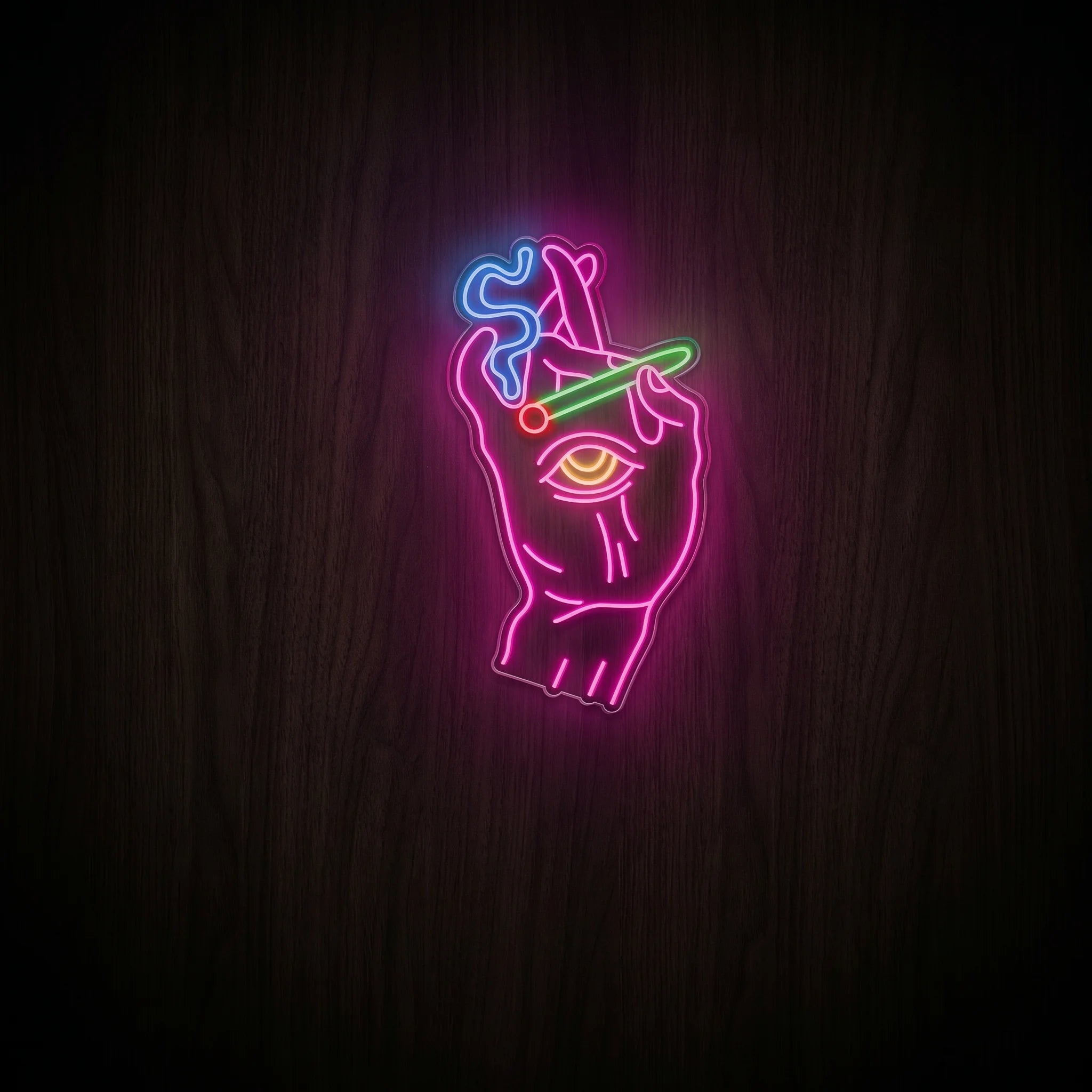 Cannabis Hand Gesture LED neon sign featuring a stylized hand holding a lit joint with colorful smoke accents and an eye detail mounted on a precision-cut clear acrylic backing.