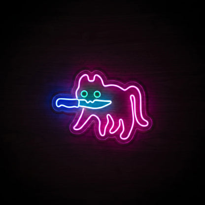 Cartoon Kitty LED neon sign featuring a playful pink cat with green eyes and a glowing blue knife on clear acrylic backing.