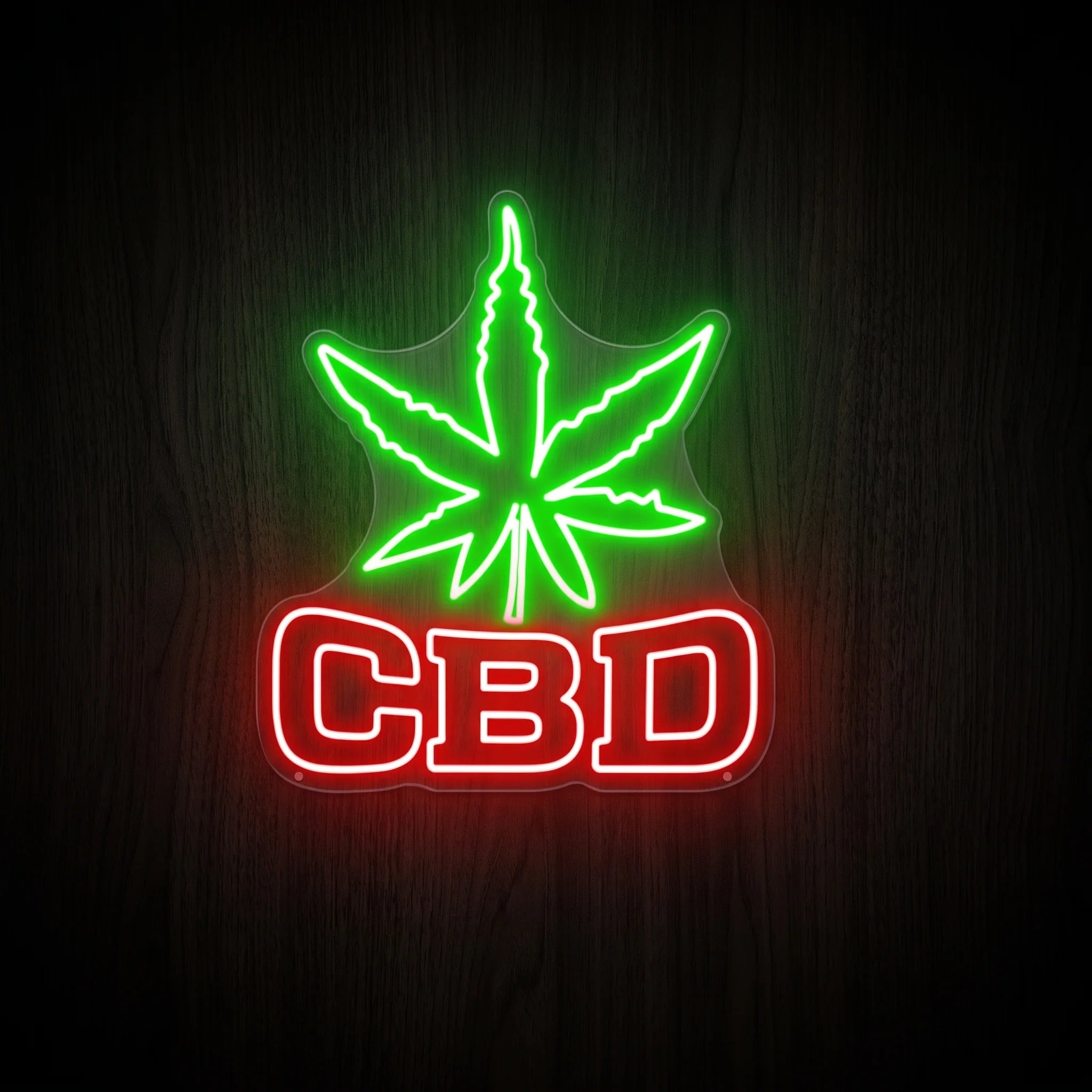CBD Leaf Glow LED neon sign featuring a bright green hemp leaf above bold red CBD lettering on a precision-cut clear acrylic backing.