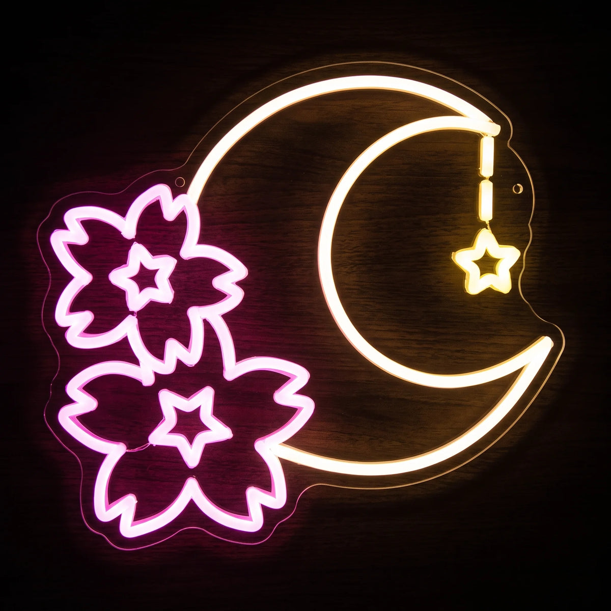 Cherry Blossom Moon LED neon sign featuring pink cherry blossom flowers, a glowing crescent moon and hanging star on clear acrylic.