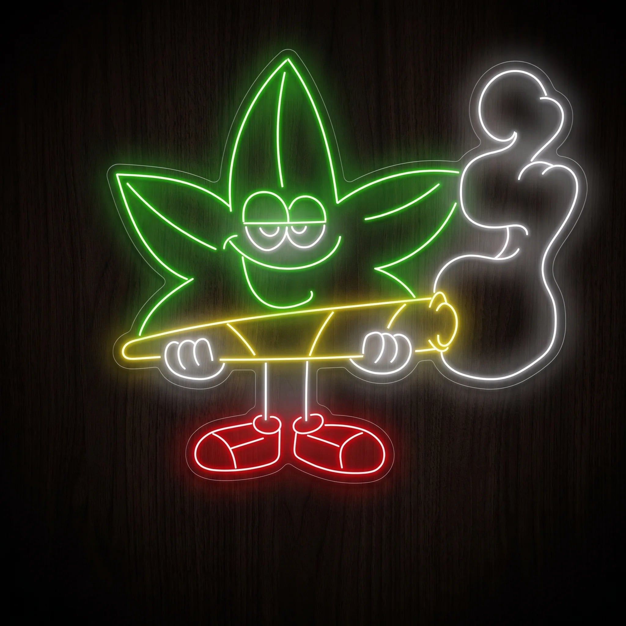 Chillin' Leaf Buddy LED neon sign with a green cannabis leaf character, yellow rolled joint, white smoke, red shoes, and clear acrylic backing for cannabis wall décor.