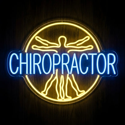 Chiropractic Human Anatomy LED neon sign featuring a yellow human figure with outstretched arms inside a circular outline and blue CHIROPRACTOR lettering on clear acrylic backing for chiropractic clinic wall decor.