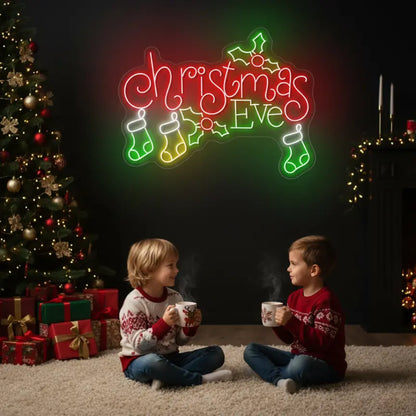 Photo of the 'Christmas Eve' neon sign glowing in multicolor against a styled interior wall.