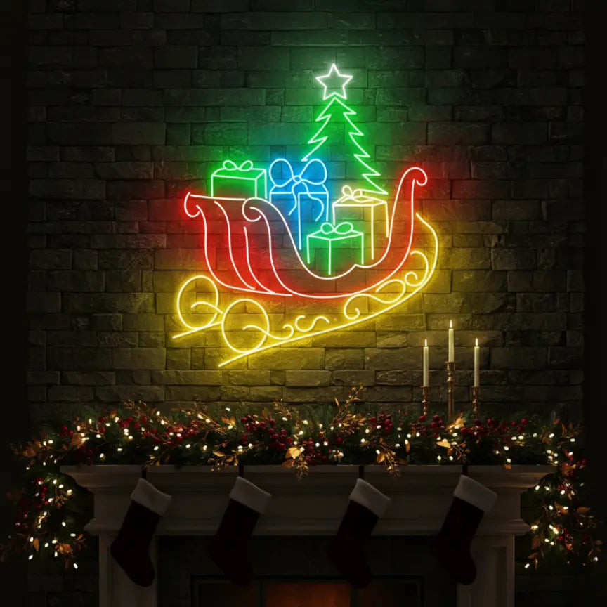 Photo of the 'Christmas Sleigh' neon sign glowing in multicolor against a styled interior wall.