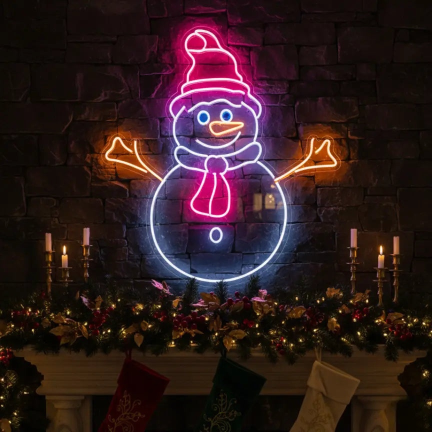 Photo of the 'Christmas Snowman' neon sign glowing in multicolor against a styled interior wall.