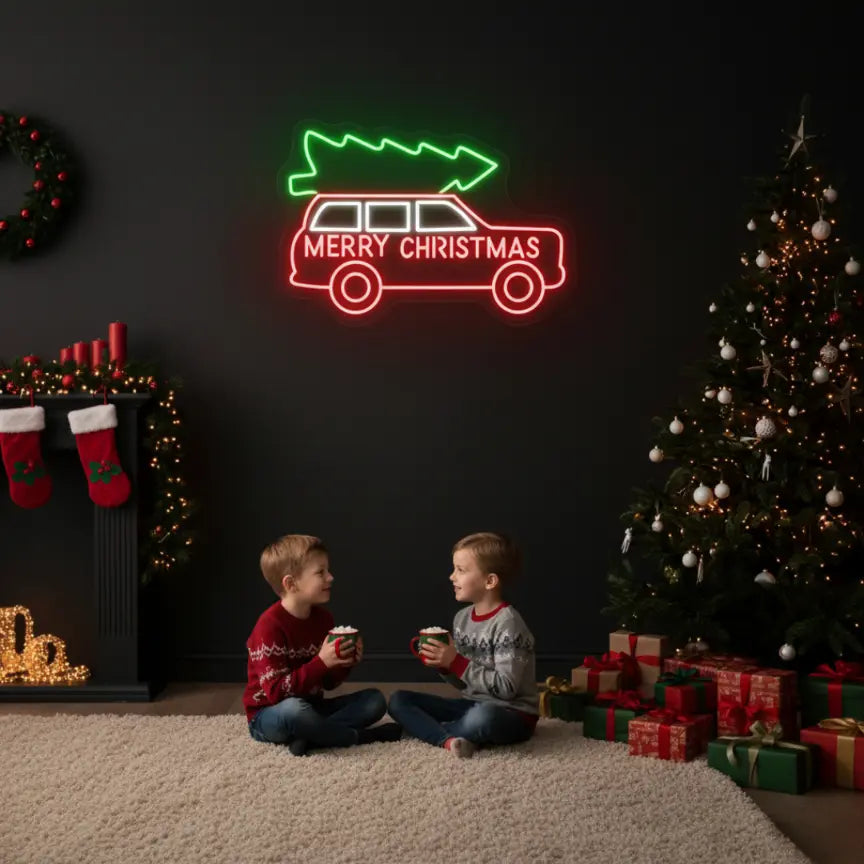 Photo of the 'Christmas Tree Shopping' neon sign glowing in multicolor against a styled interior wall.