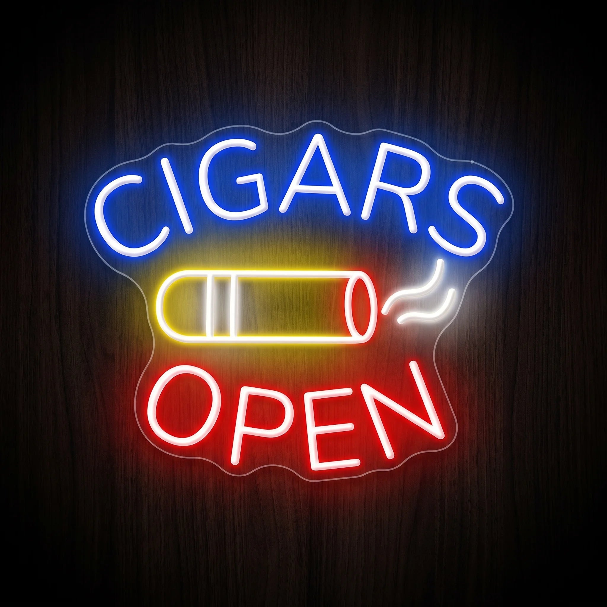 Cigars Open LED neon sign on clear acrylic backing featuring blue and red lettering with a glowing cigar for cigar lounge wall décor.