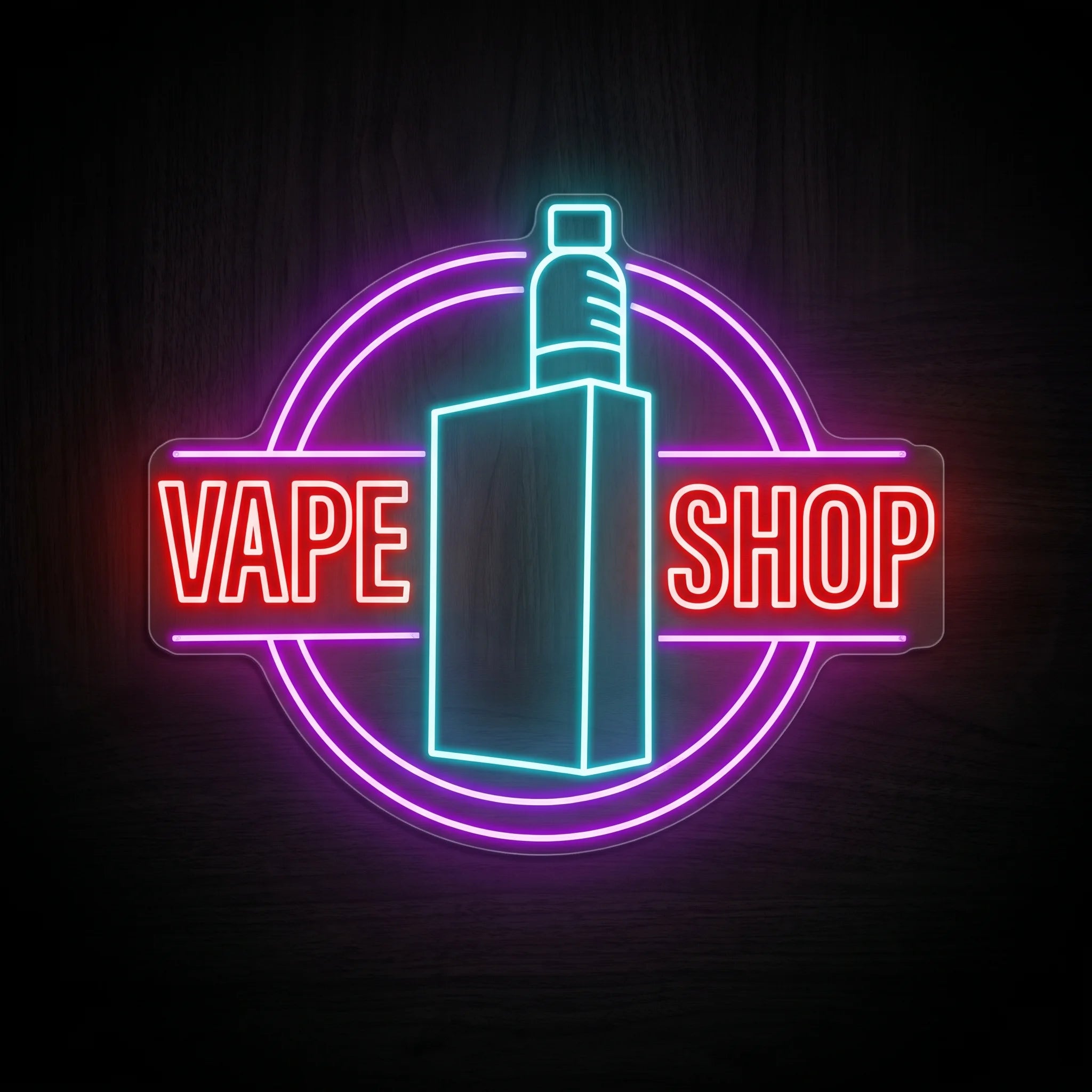 Vape Shop LED neon sign on clear acrylic backing featuring a cyan vape device inside a purple circle with red lettering for vape shop wall décor.