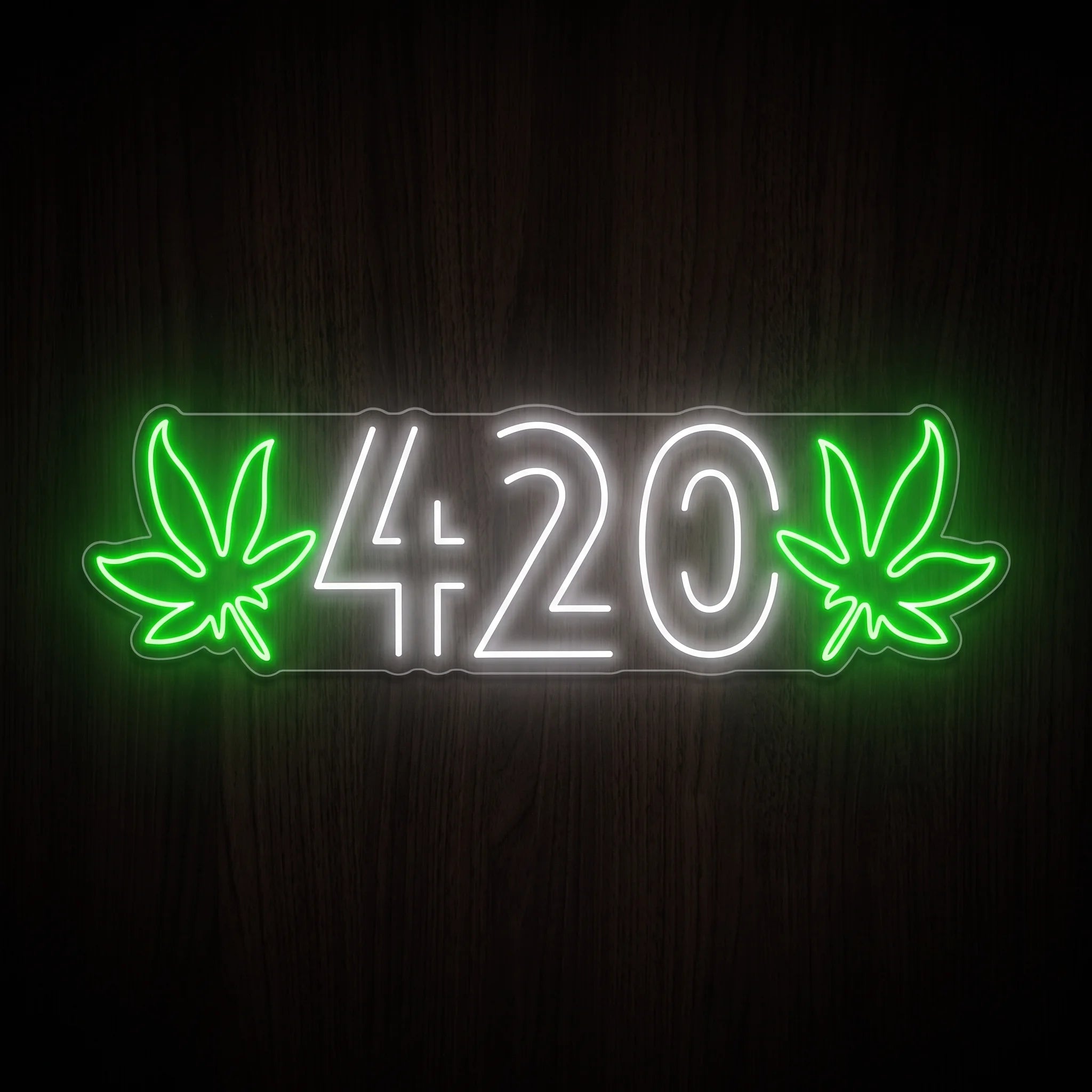 Classic 420 LED neon sign featuring white 420 numbers with green cannabis leaves on both sides mounted on a clear acrylic backing.