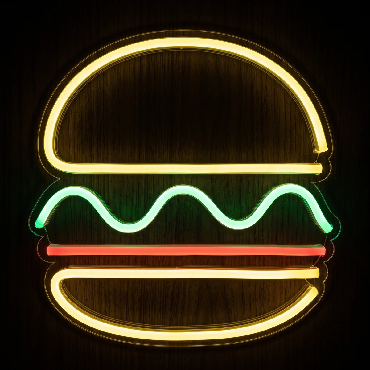 Classic burger LED neon sign with yellow buns, green filling, red accent, and clear acrylic backing.
