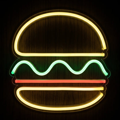 Classic burger LED neon sign with yellow buns, green filling, red accent, and clear acrylic backing.
