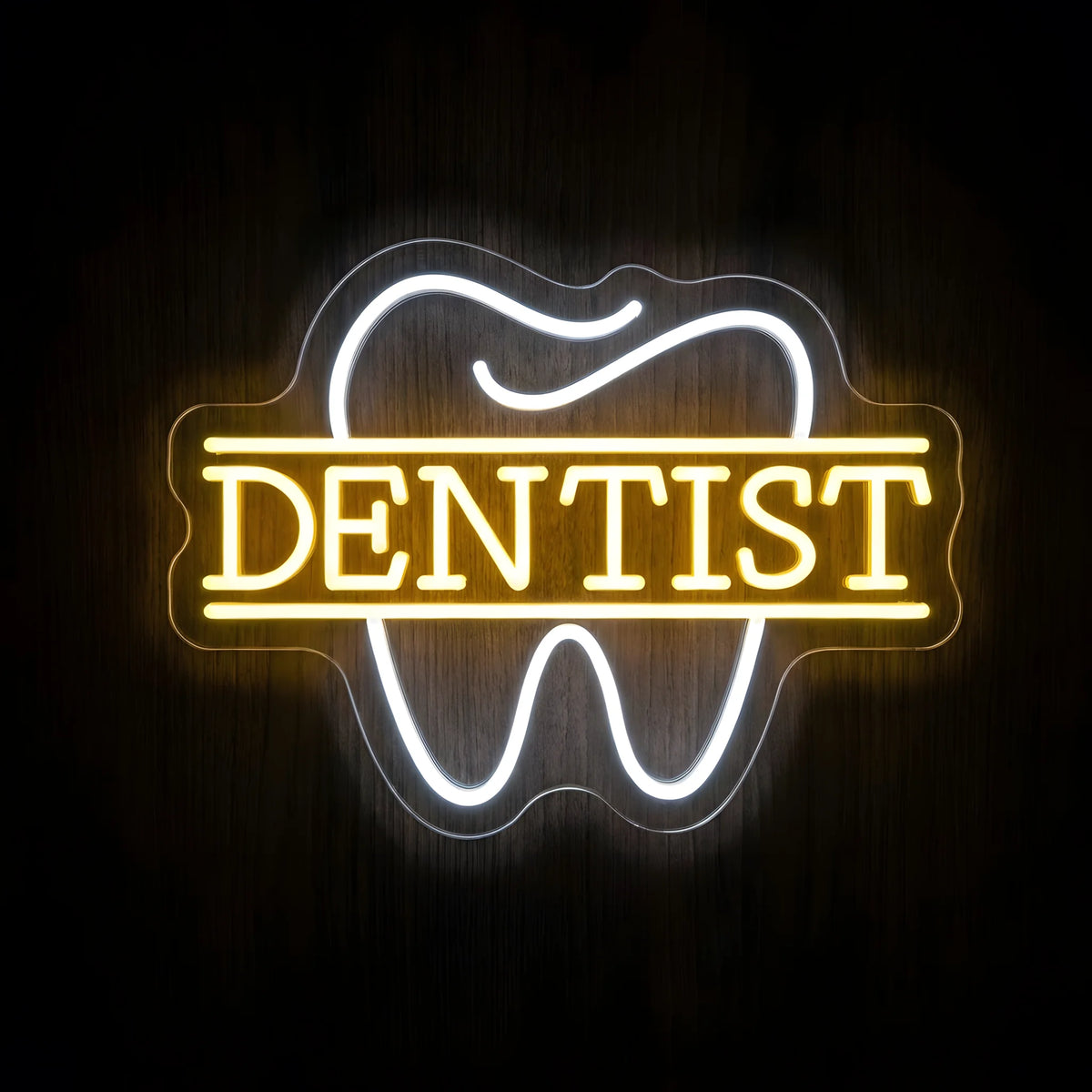 Classic Dentist Tooth LED neon sign featuring a cool white tooth outline behind golden-yellow DENTIST lettering and horizontal lines on clear acrylic backing for dental clinic wall decor.