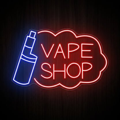 Classic Vape Outlet LED neon sign featuring a blue vape device and red cloud-shaped Vape Shop design on a clear acrylic backing.