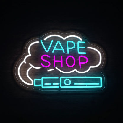 Cloud Vape Shop LED neon sign featuring a white vapor cloud, colorful Vape Shop lettering, and a modern vape device on a clear acrylic backing.