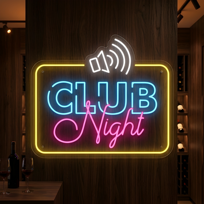 Photo of the 'CLUB NIGHT' neon sign glowing in multi-color against a styled interior wall.