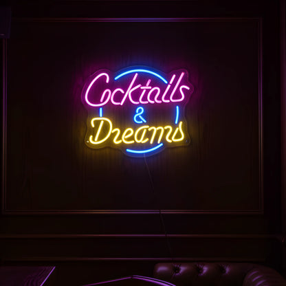 Photo of the 'Could Be Water Could Be Vodka' neon sign glowing in multi-color against a modern bar-inspired wall.