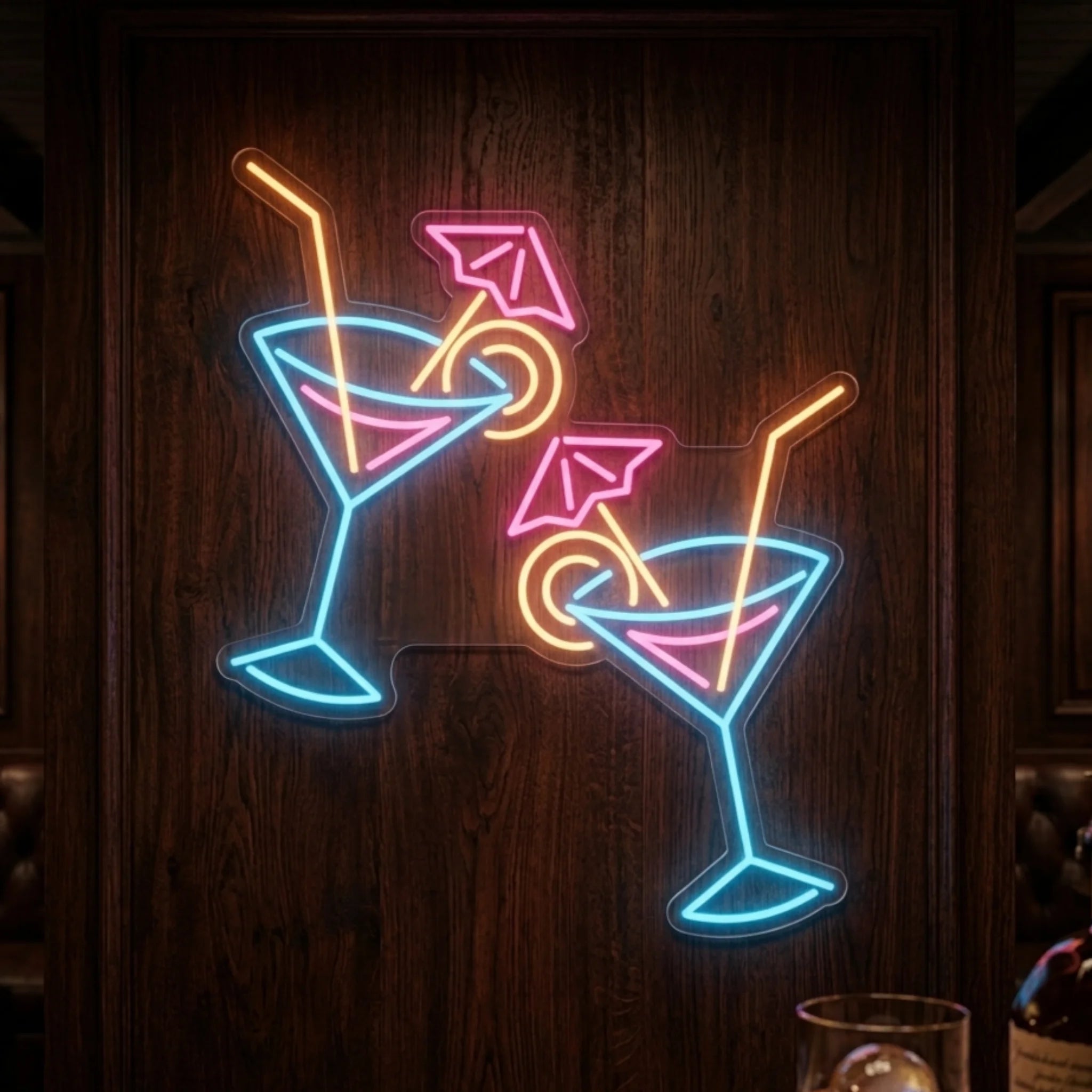 Photo of the 'Double Cocktail Glass' neon sign glowing in multi-color against a styled interior wall.
