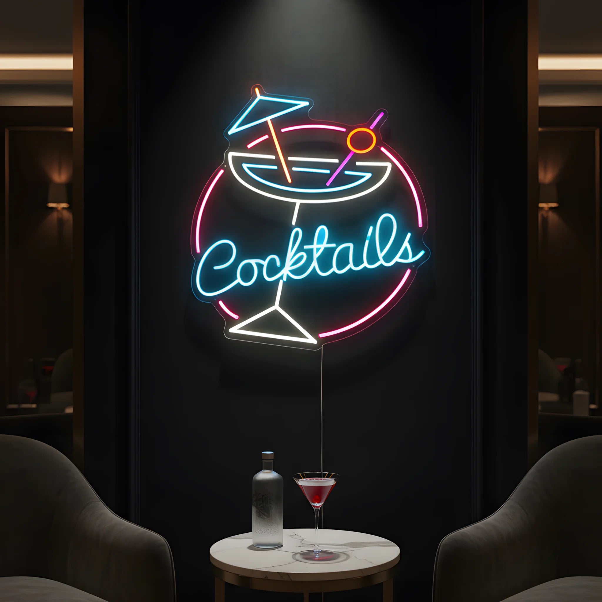 Photo of the 'Cocktails Version 4' neon sign glowing in multi-color against a styled interior wall.