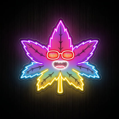 Cool cannabis leaf LED neon sign with red sunglasses, multicolor leaf artwork, acrylic backing, and playful recreational wall décor style.