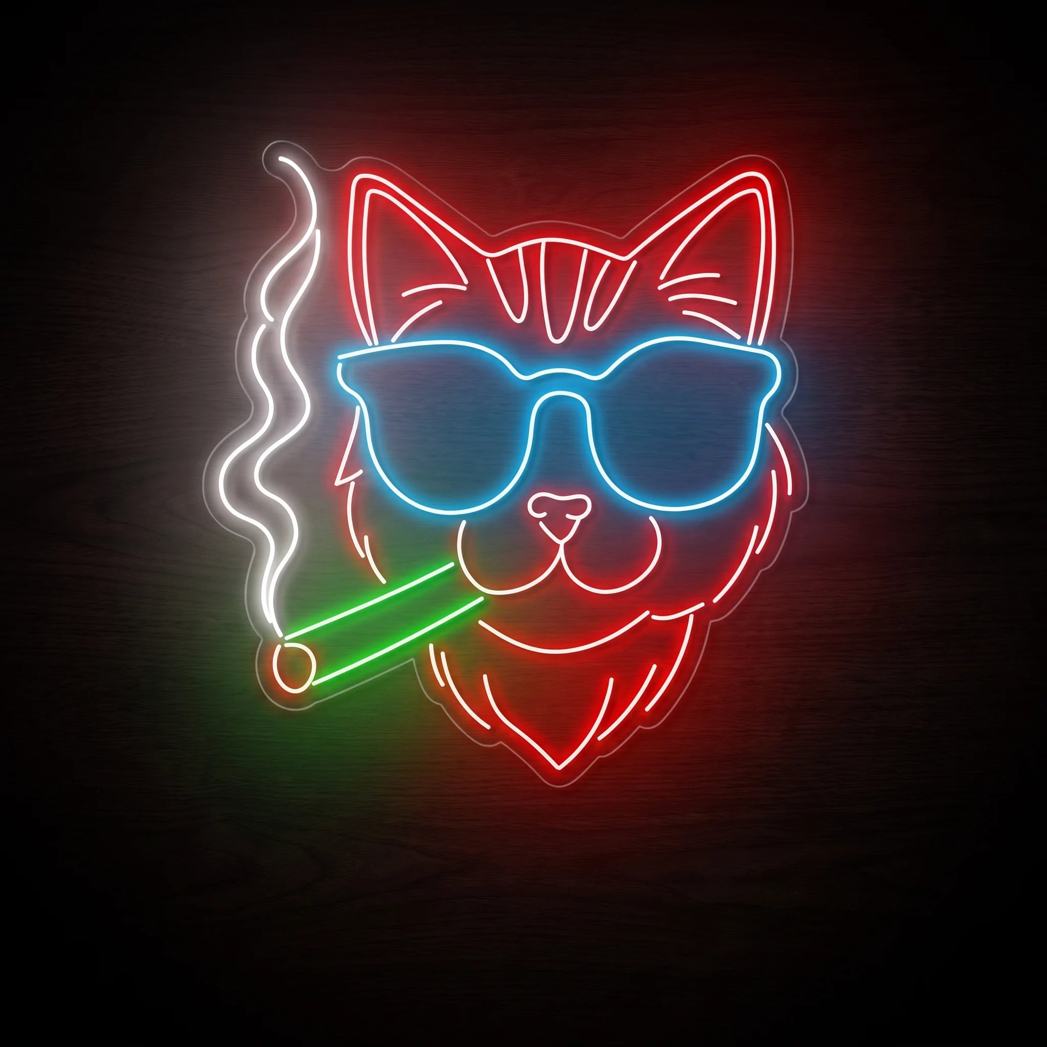 Cool smoking cat LED neon sign with red outline, blue sunglasses, green rolled item, white smoke, and clear acrylic backing for recreational wall décor.