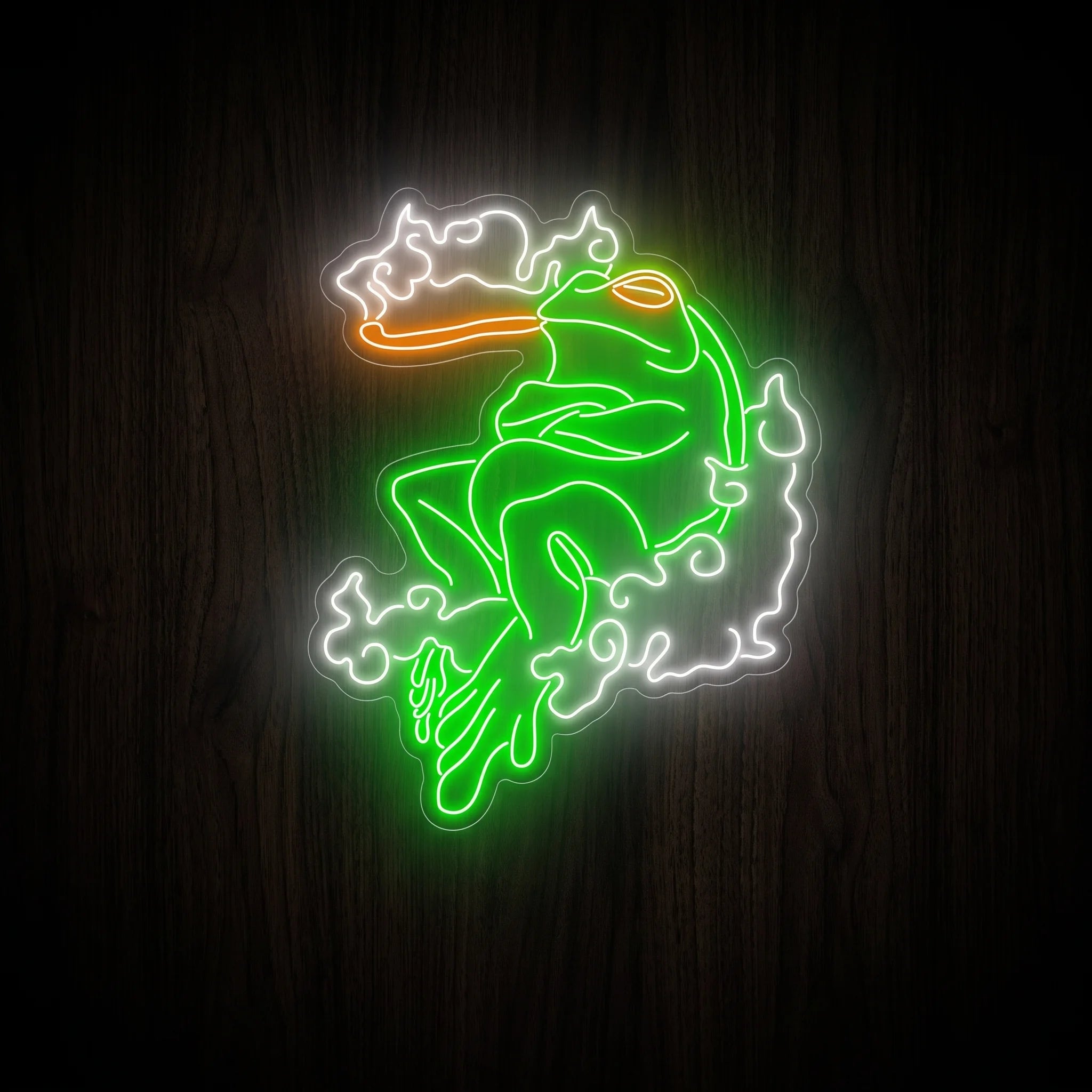 Cosmic Smoking Frog LED neon sign featuring a relaxed green frog smoking with glowing white clouds on a precision-cut clear acrylic backing.