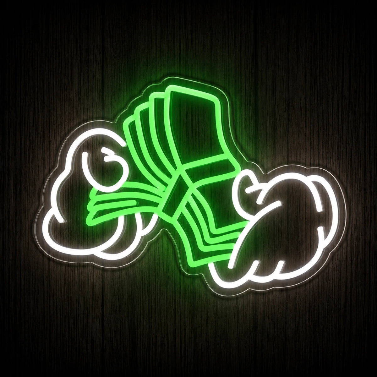 Counting Money LED neon sign featuring white hands flipping through a bright green stack of cash on clear acrylic.