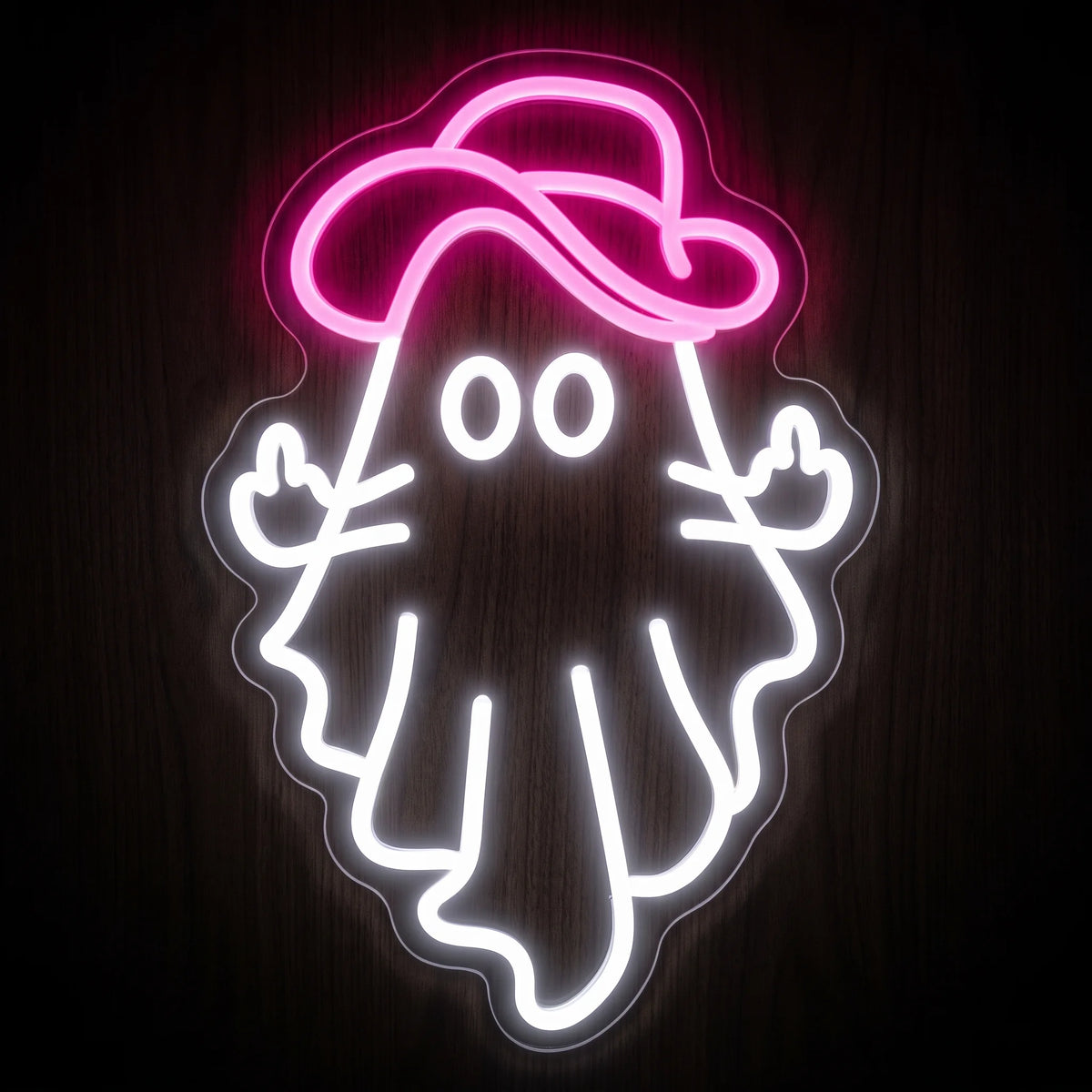 Cowboy ghost LED neon sign with bright white ghost outline and vivid pink cowboy hat on clear acrylic backing.
