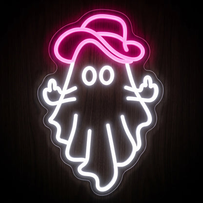 Cowboy ghost LED neon sign with bright white ghost outline and vivid pink cowboy hat on clear acrylic backing.
