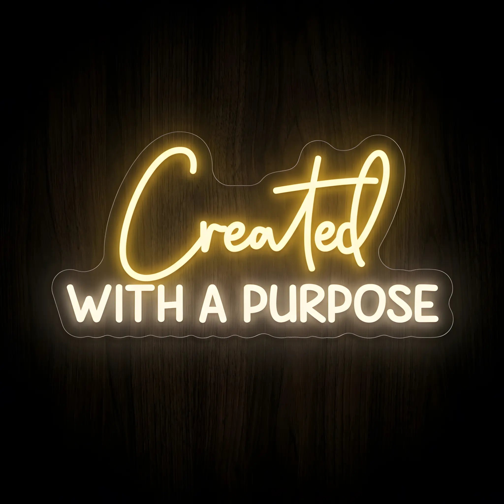 Created With a Purpose LED neon sign on precision-cut acrylic backing with warm golden yellow and warm white illumination for Christian wall decor.