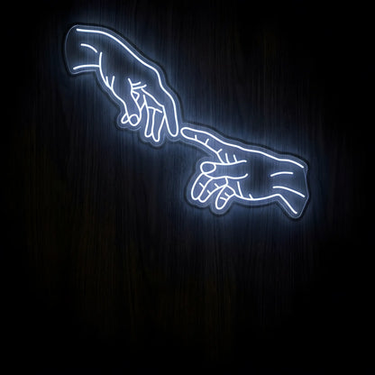 Creation of Adam Hands LED neon sign on precision-cut acrylic backing with white illumination for Christian wall decor.