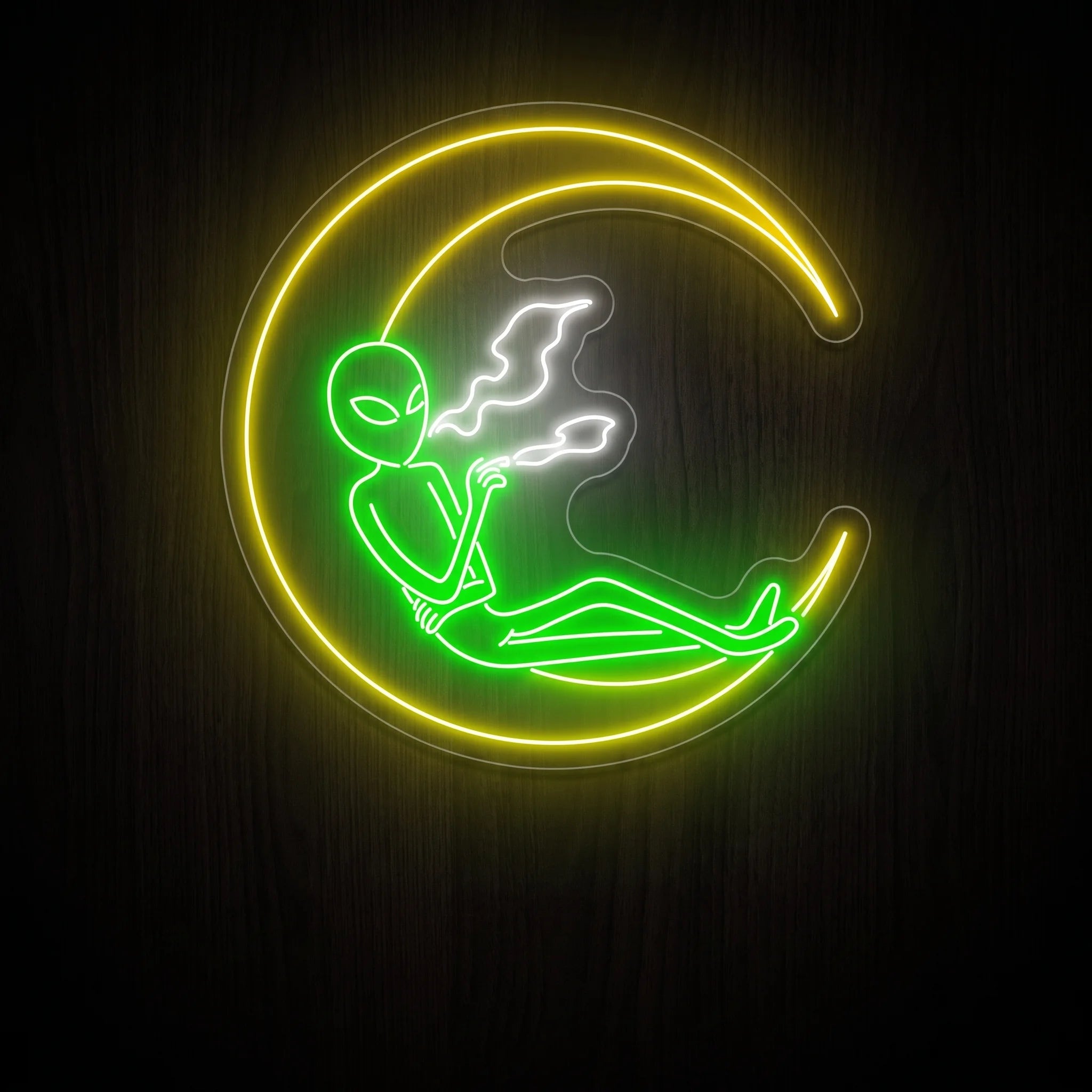 Green alien Crescent Moon Smoker LED neon sign with a glowing yellow moon, white smoke, and clear acrylic backing for recreational wall décor.
