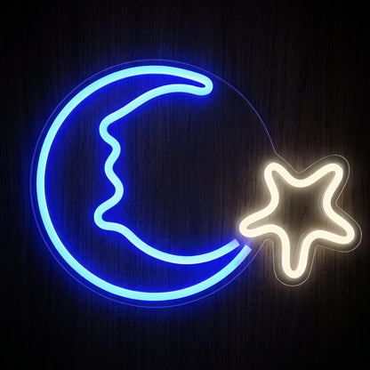 Crescent Moon Star LED neon sign featuring a glowing blue crescent moon and warm white star mounted on clear acrylic.