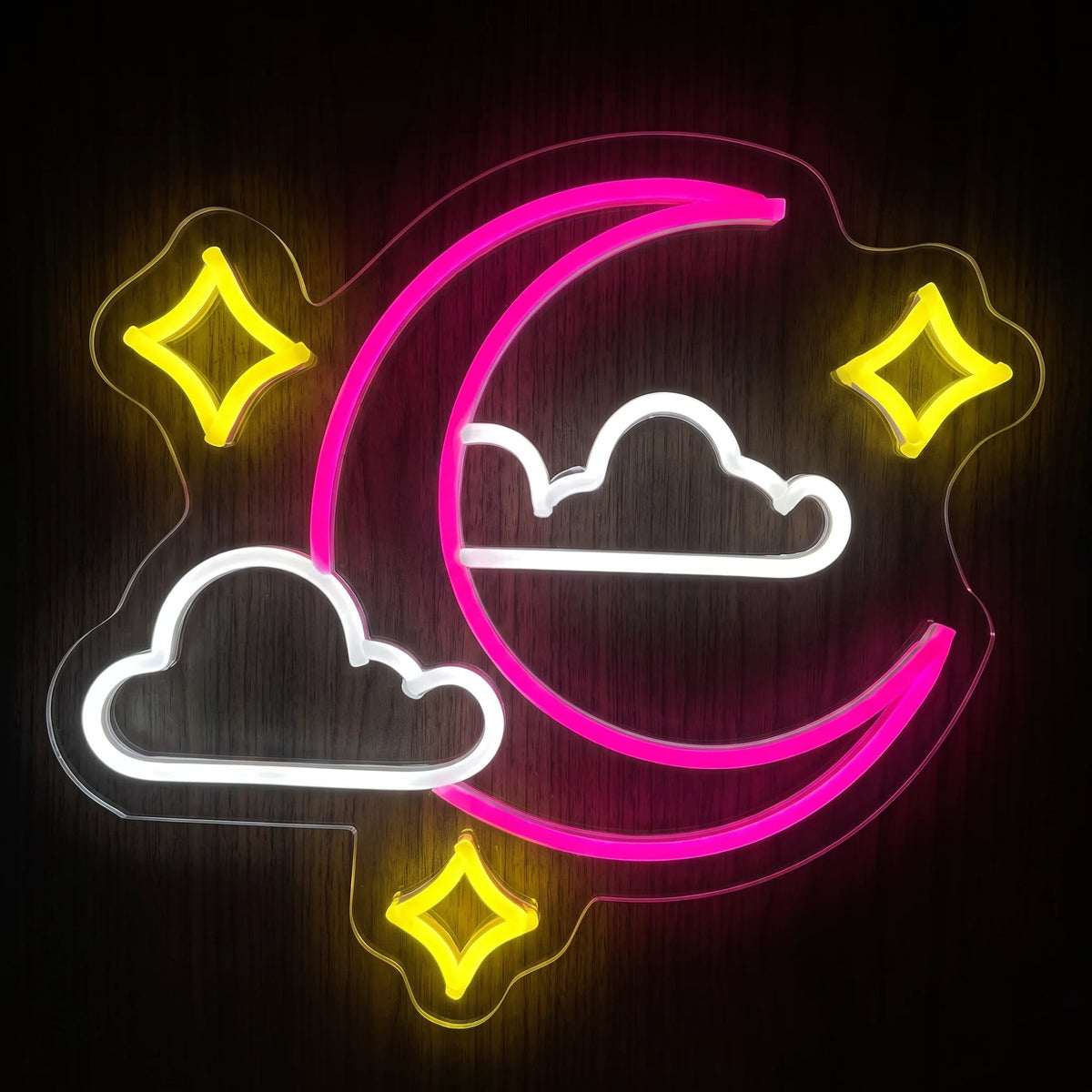 Crescent Moon Clouds LED neon sign featuring a pink crescent moon, white clouds and yellow stars mounted on clear acrylic.